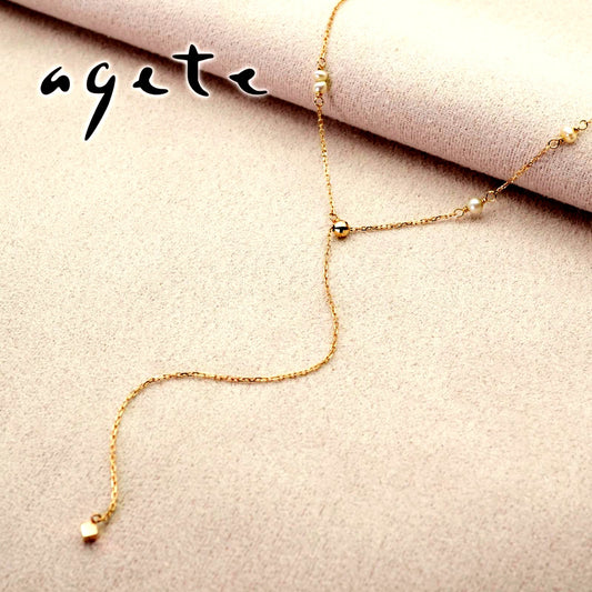 Agete Y-shaped long necklace made of K10 gold with freshwater pearls, clean and polished