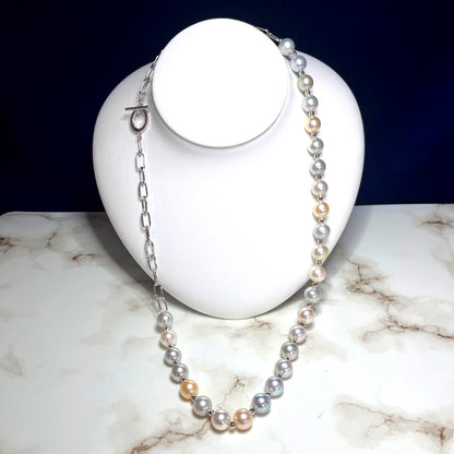 Akoya genuine pearl multi-design necklace with 9mm pearls and silver findings, 53cm length