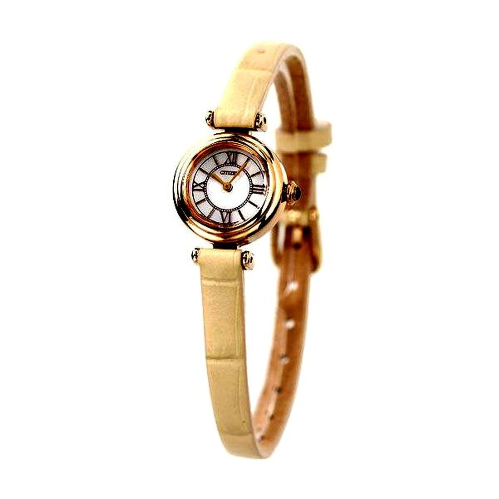 Citizen Kii Ladies EG7082-07A watch with white dial, beige calf leather band, and warm gold stainless steel case