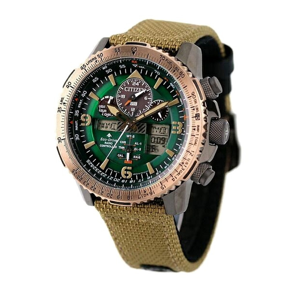 Citizen PROMASTER SKY Eco-Drive radio controlled watch JY8074-11X with beige nylon band and green liquid crystal dial