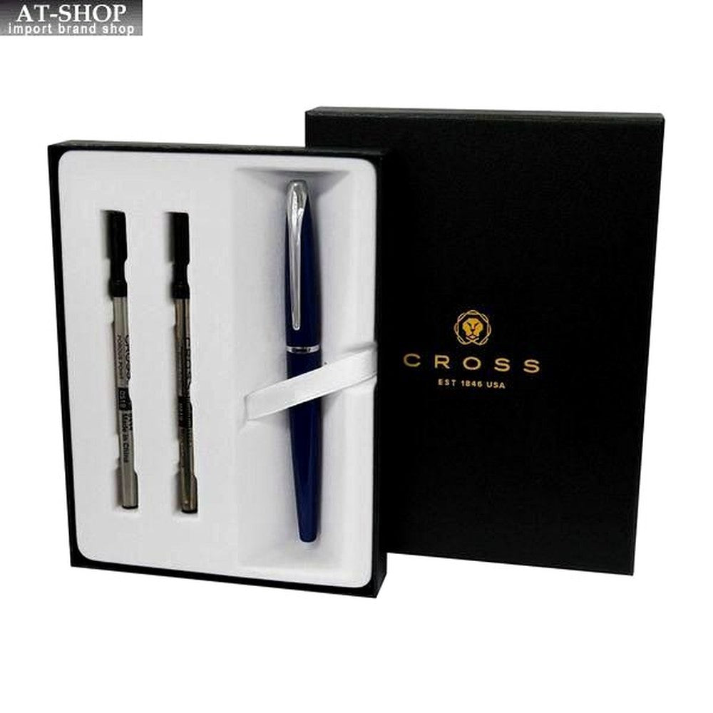 Cross ATX Select Tip Rollerball Pen in translucent blue lacquer with chrome and brass finish in gift box