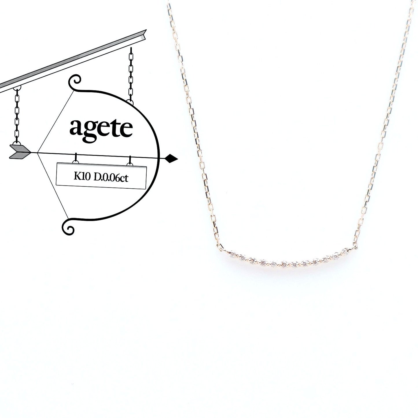 Agete K10 gold necklace featuring a 0.06ct diamond charm with 36cm chain from the early 2000s
