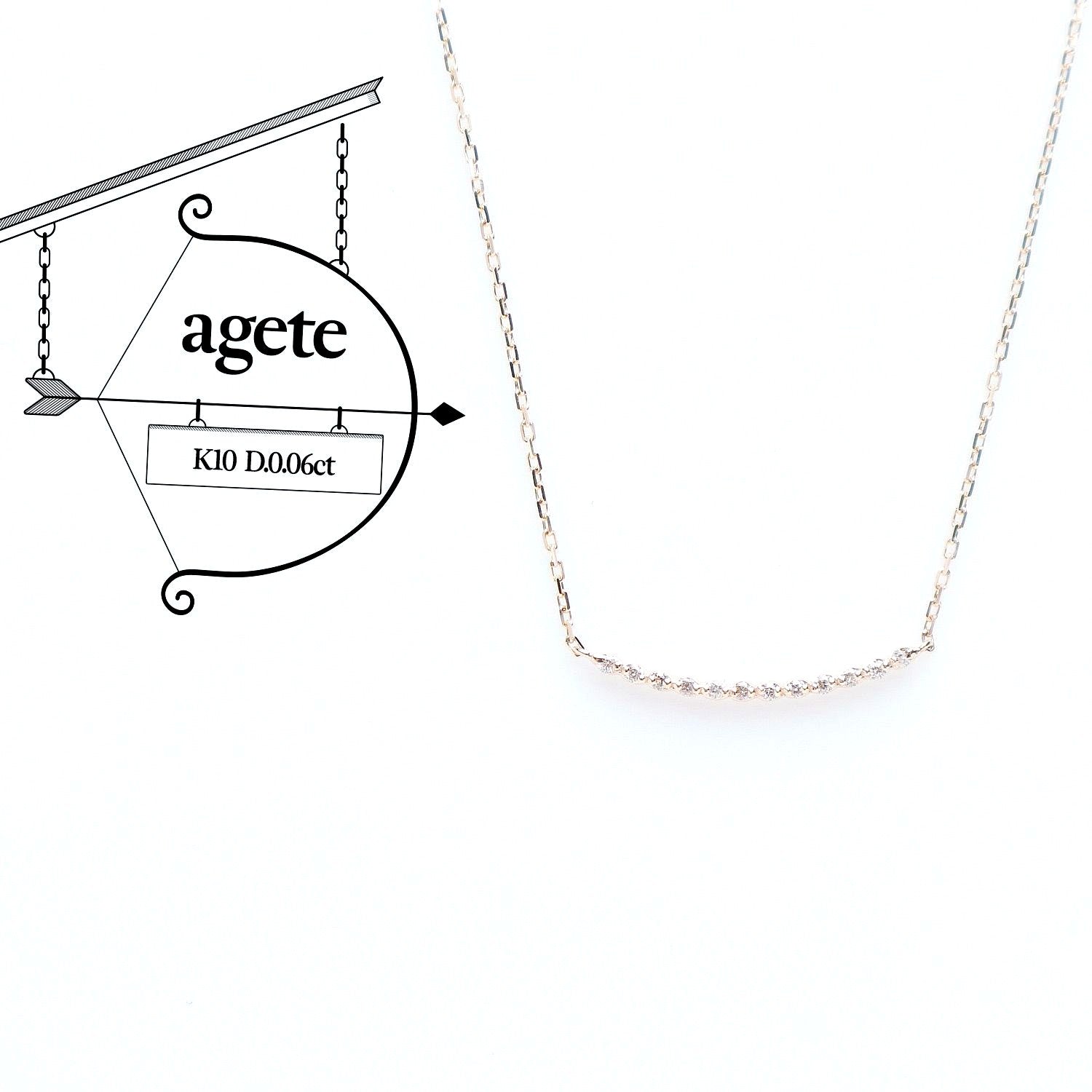 Agete K10 gold necklace featuring a 0.06ct diamond charm with 36cm chain from the early 2000s