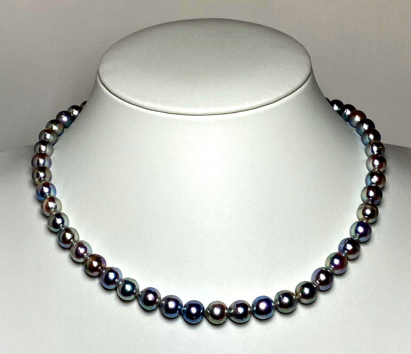 Akoya pearl necklace with natural gray pearls sized 7.5-8.0mm, 42 cm length