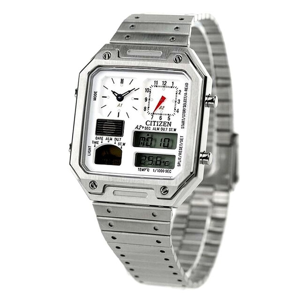 Citizen JG2120-65A men's wristwatch with white liquid crystal dial and silver stainless steel sliding band