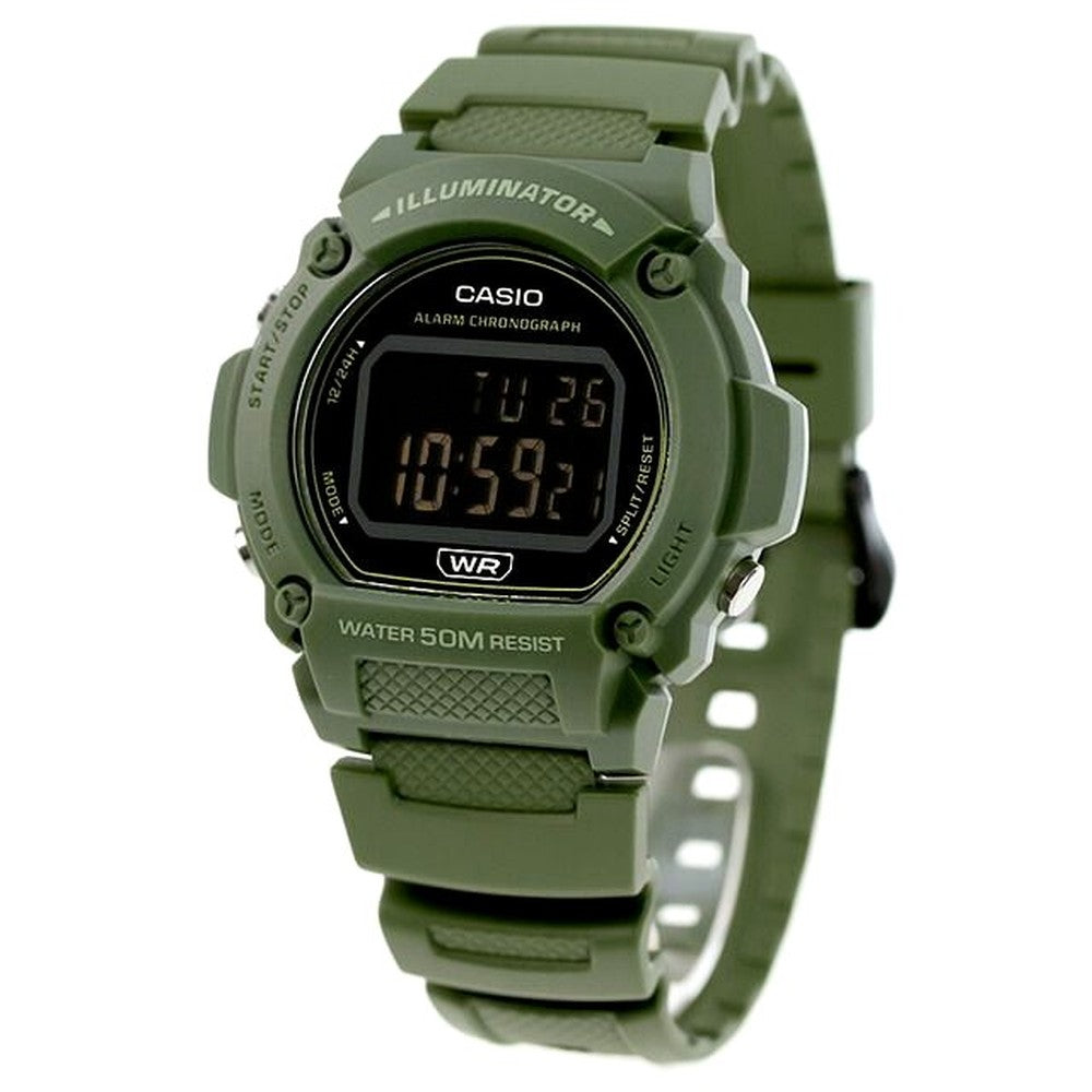 Casio W-219HC-3BVDF digital watch with green resin band and black dial, quartz movement