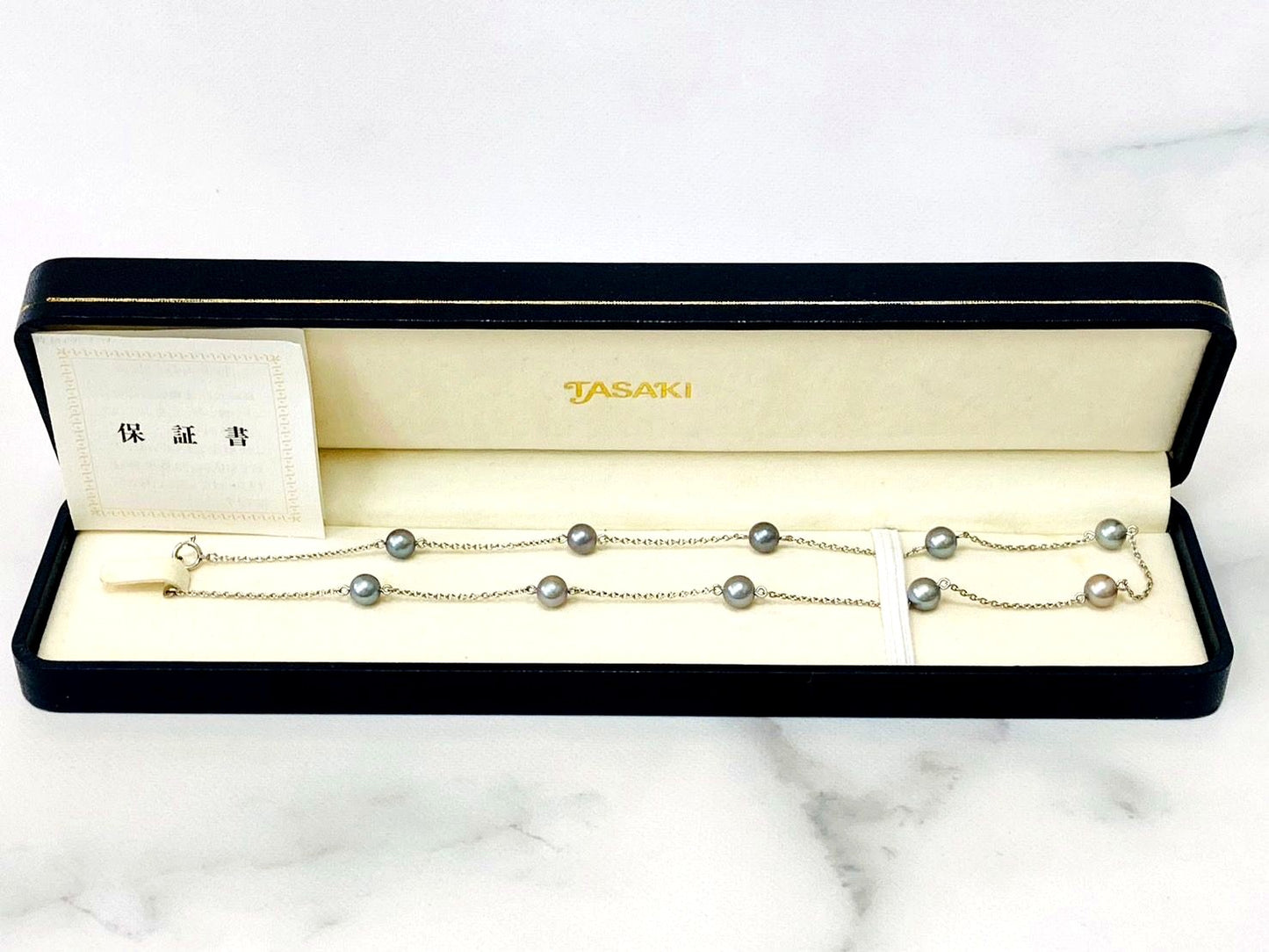 Tasaki Pt850 platinum necklace with ten blue-gray pearls, 6mm, 41 cm length, model K23513