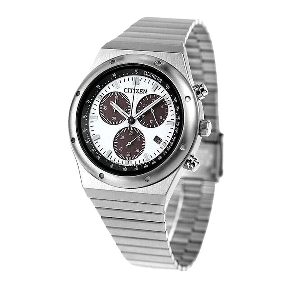 Citizen Record Label Watch Men AT2541-54A with white dial, silver stainless steel band, and chronograph
