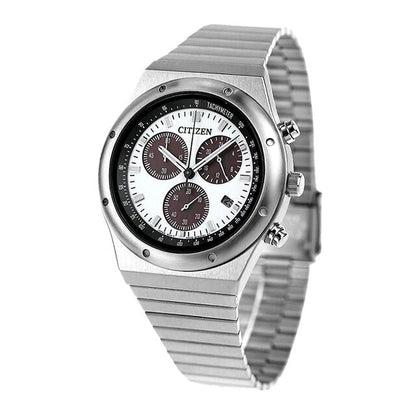 Citizen Record Label Watch Men AT2541-54A with white dial, silver stainless steel band, and chronograph