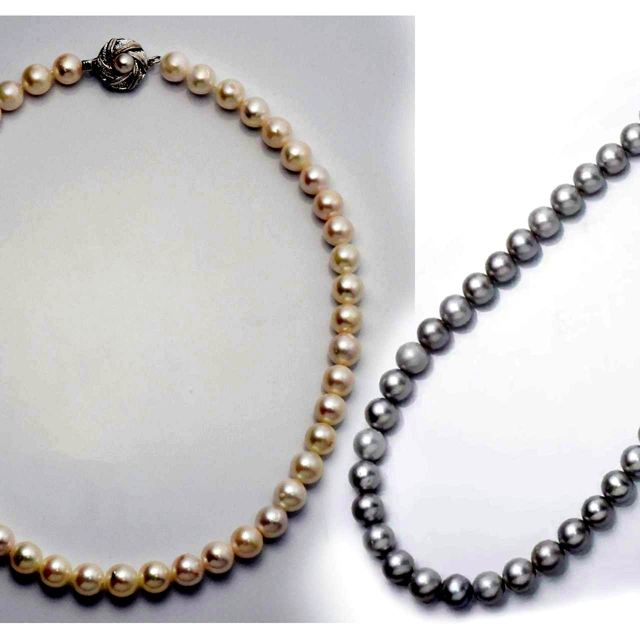 Akoya pearl necklace 8-8.5mm with dyed gray freshwater pearl necklace set displayed on white background