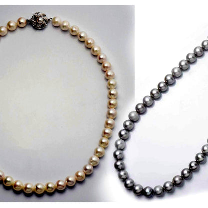 Akoya pearl necklace 8-8.5mm with dyed gray freshwater pearl necklace set displayed on white background