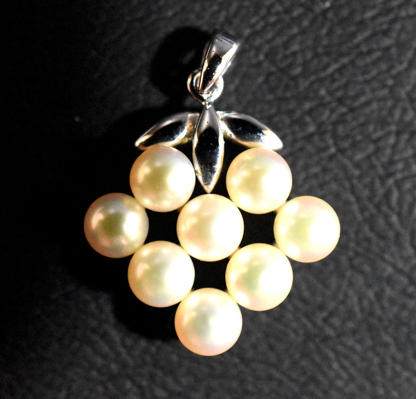 Mikimoto Silver Pearl Pendant Top with eight 4.5mm pearls arranged in a leaf motif on silver fittings