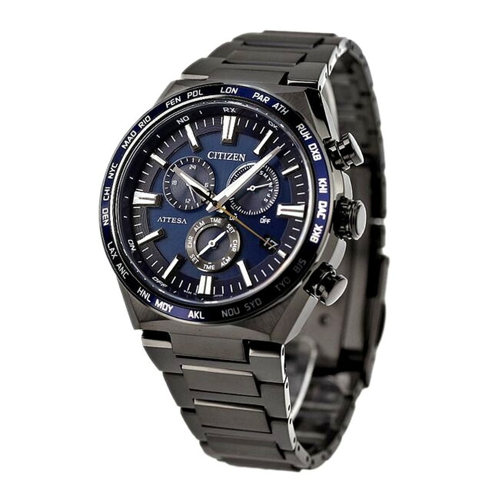 Citizen ATTESA CB5967-66L watch with dark blue dial, black super titanium band, and aluminum dark blue bezel