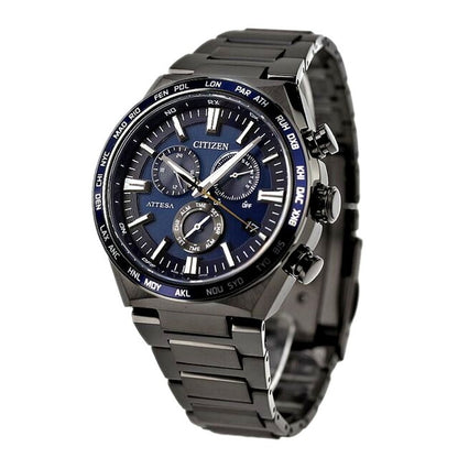 Citizen ATTESA CB5967-66L watch with dark blue dial, black super titanium band, and aluminum dark blue bezel