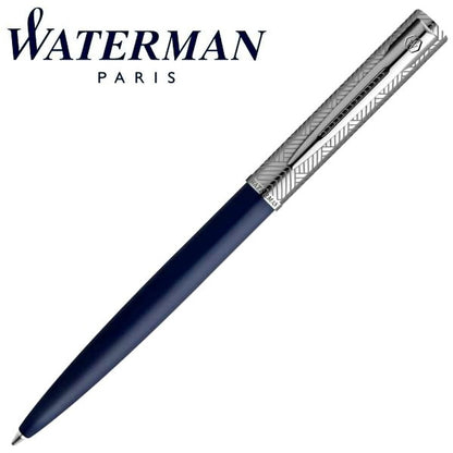 Waterman Allure Deluxe blue ballpoint pen with slide-lock, sleek 137mm length and silver trim