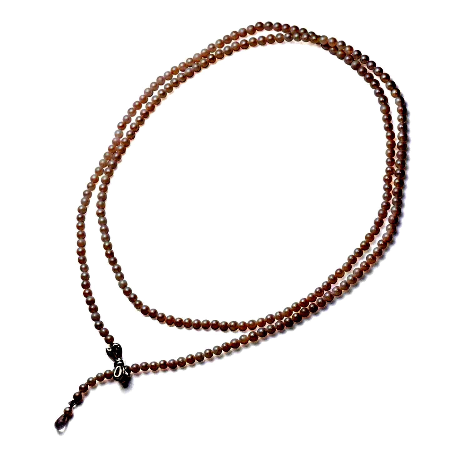 Akoya cultured pearl necklace 3.5-4mm with briolette rose quartz and ribbon clasp on an 80 cm strand
