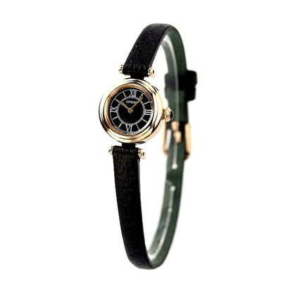 Citizen EG7082-15E ladies watch with black dial, warm gold stainless steel case, and black calf leather band