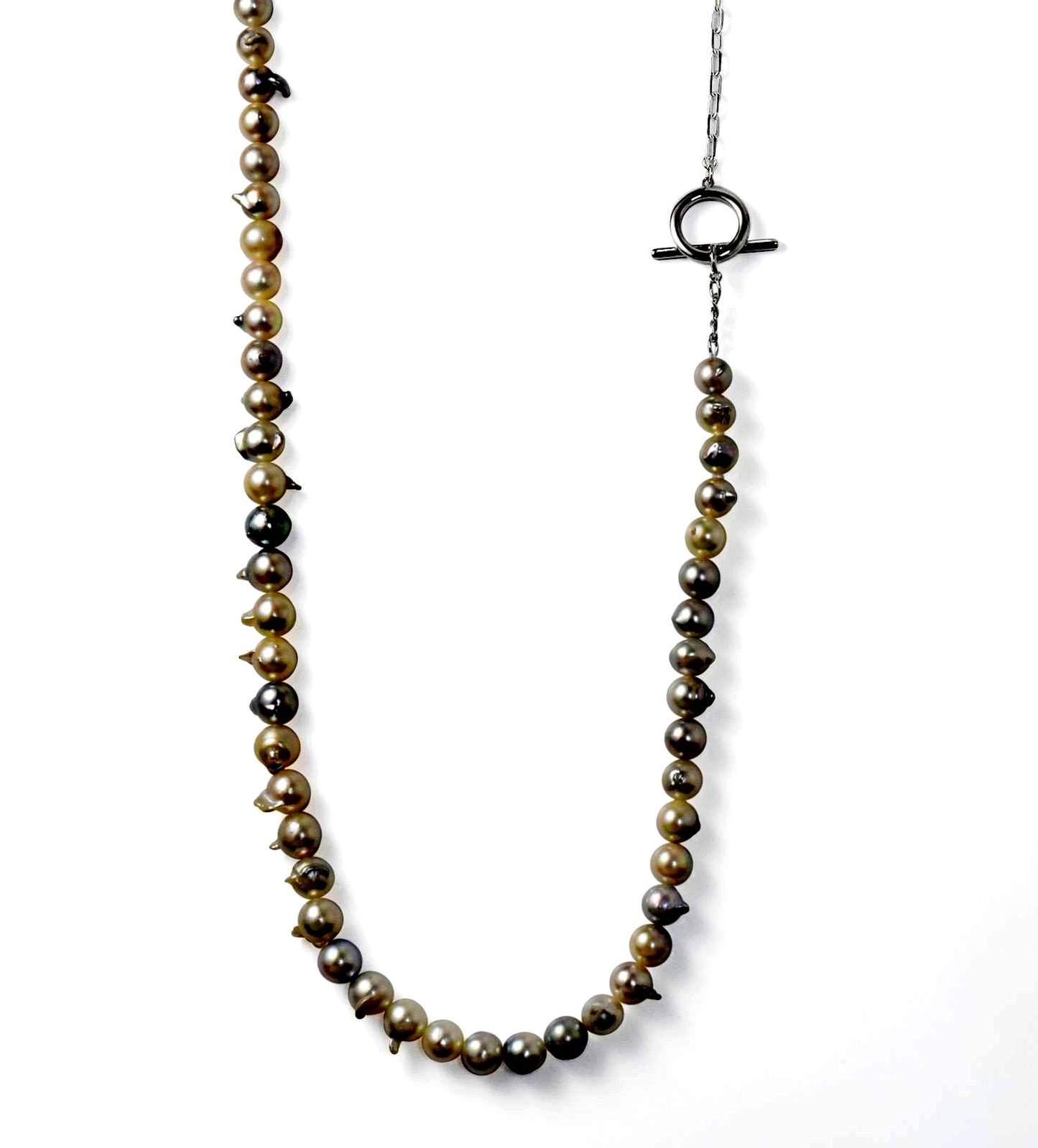 Stud shape Akoya natural mixed color 6-8mm pearls on 74cm sterling silver chain semi-long party necklace