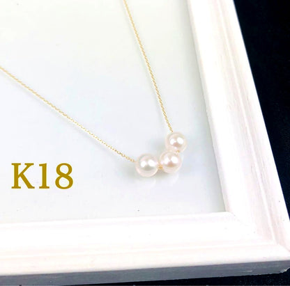 K18 18K Gold Akoya Pearl 3-Strand Necklace with 6.5mm pearls and 40cm gold chain