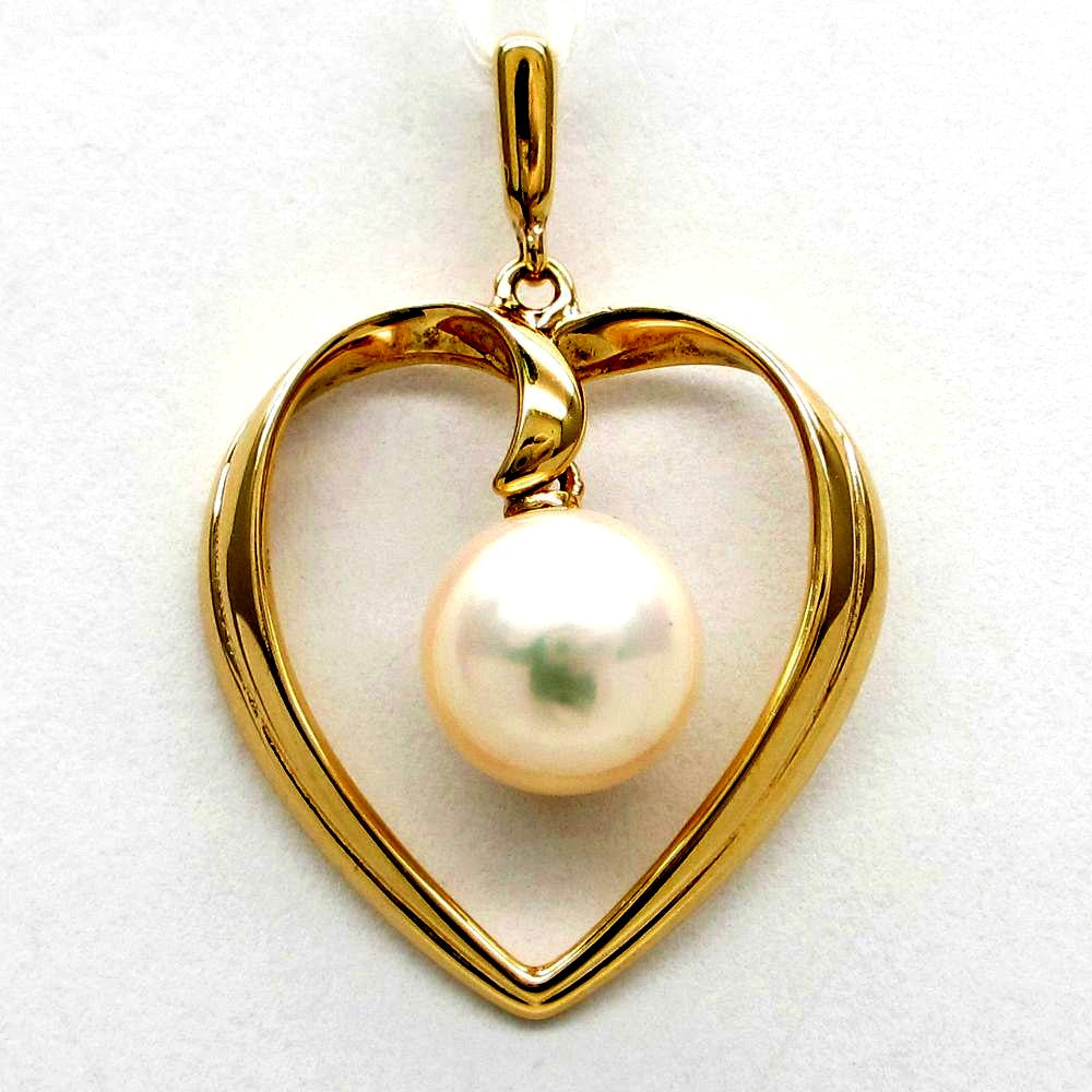 MIKIMOTO K14 yellow gold pendant top with milky white 7.4mm pearl, 25mm x 17mm size