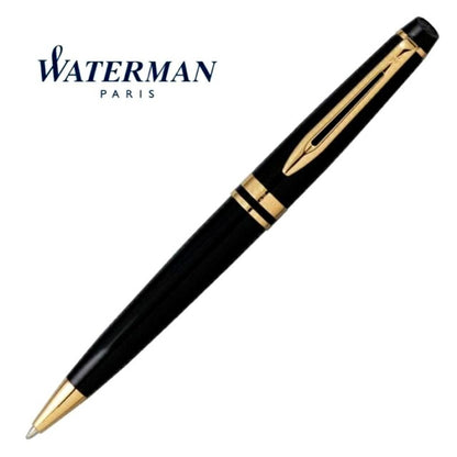 Waterman Expert Essential Black GT Ballpoint Pen with gold trim, 142mm length, shown on white background