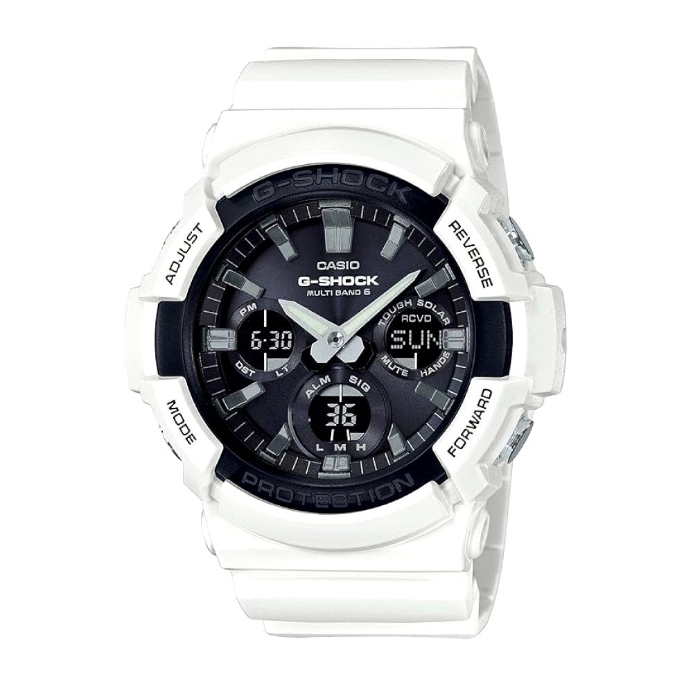 Casio G-Shock GAW-100B-7AJF radio solar watch with black and white colors, aluminum bezel, stainless steel and resin case