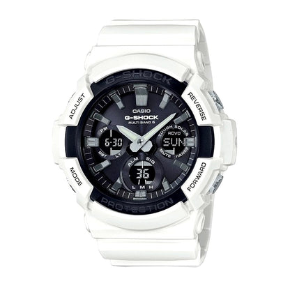 Casio G-Shock GAW-100B-7AJF radio solar watch with black and white colors, aluminum bezel, stainless steel and resin case