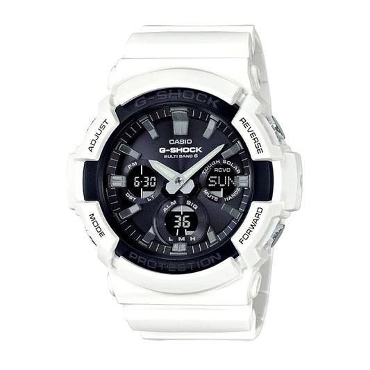 Casio G-Shock GAW-100B-7AJF radio solar watch with black and white colors, aluminum bezel, stainless steel and resin case