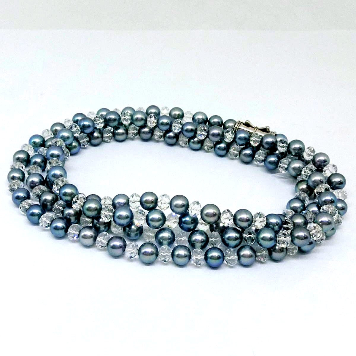 Tasaki Valleii long necklace with 7mm Akoya gray pearl, Swarovski crystals, and silver clasp