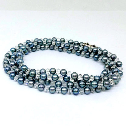 Tasaki Valleii long necklace with 7mm Akoya gray pearl, Swarovski crystals, and silver clasp