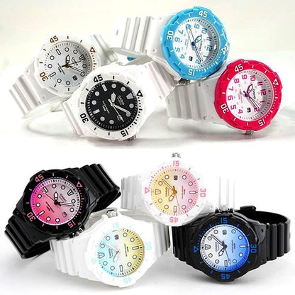 Casio LRW-200H-7B analog quartz watch with white dial, resin case, rotating bezel, and date display