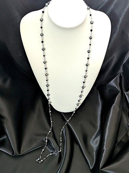 Blue Snubbull Akoya pearl and onyx long necklace measuring 120 cm with 6 mm pearls