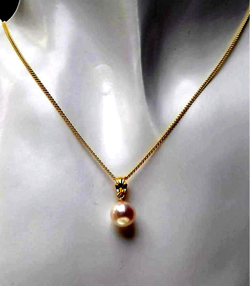 SV925 pearl necklace featuring 8mm round white pink Akoya pearls on a 40cm silver gold-colored chain