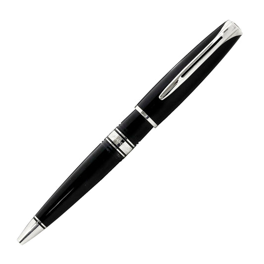WATERMAN Charlston Ballpoint Pen in black ebonite with chrome trim, 137mm length, elegant design