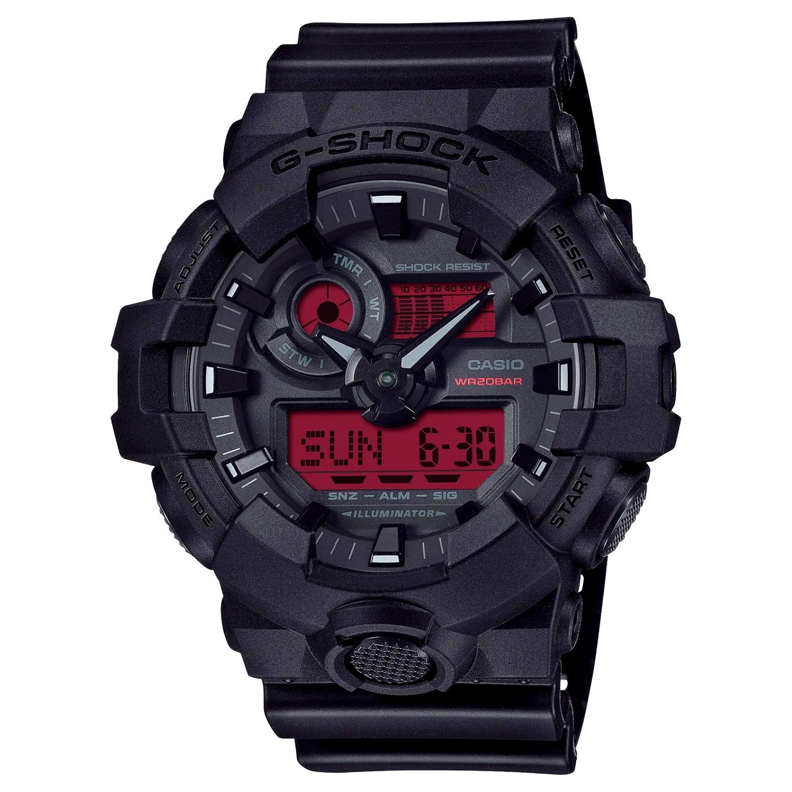 Casio G-Shock GA-700BBR-1AJF black resin watch with shock resistance and 20 ATM water resistance