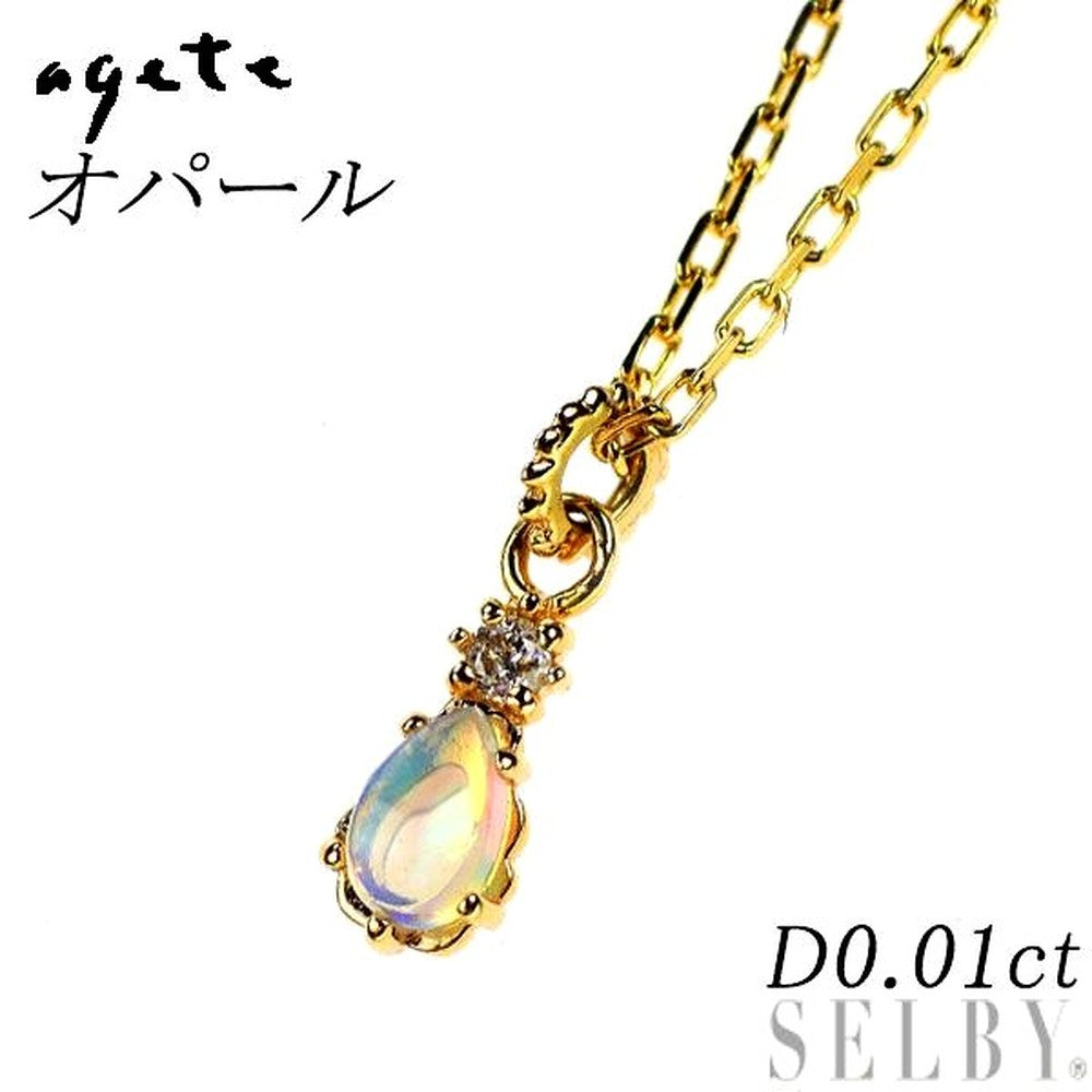 Agete K10YG opal and diamond pendant necklace with a 40 cm chain and small rectangular opal gemstone