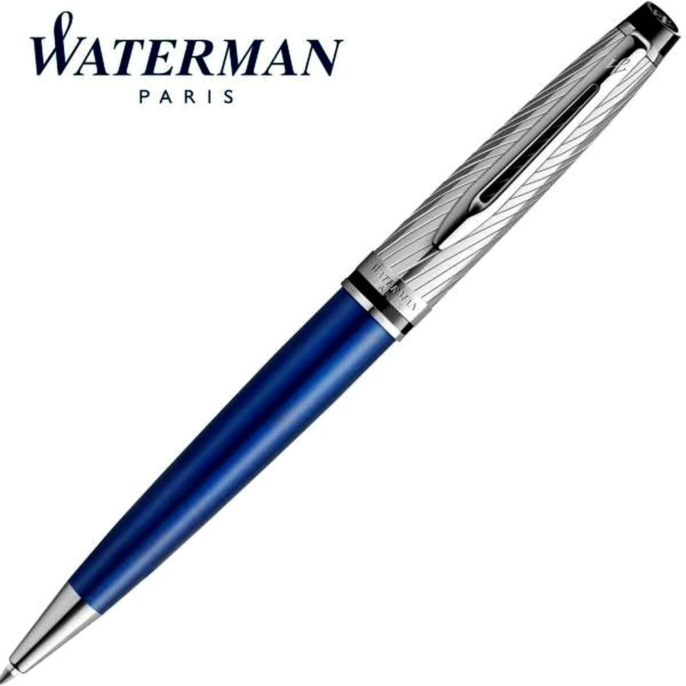 Wateman Expert Deluxe Metallic Blue ballpoint pen with brass body and stainless steel cap shown from side view
