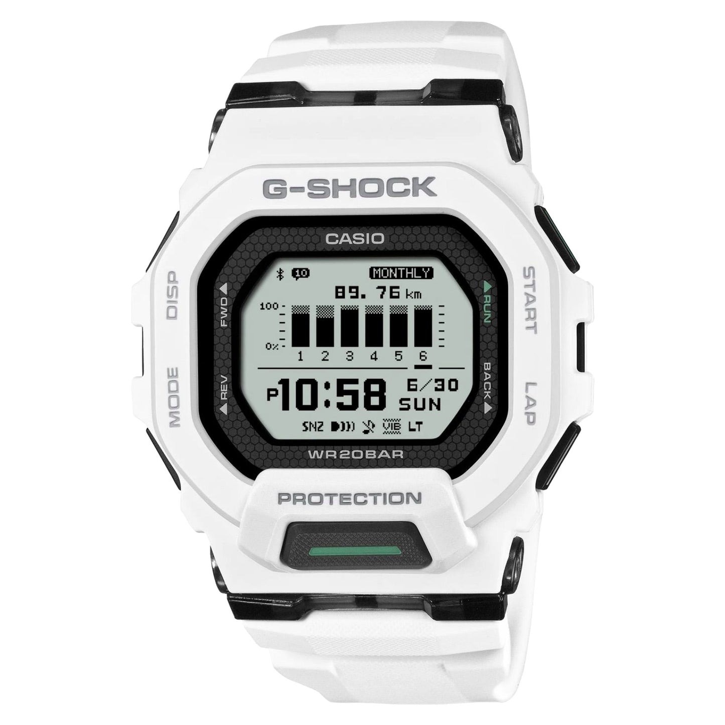Casio G-Shock GBD-200-7JF white sport watch with resin band and Bluetooth connectivity