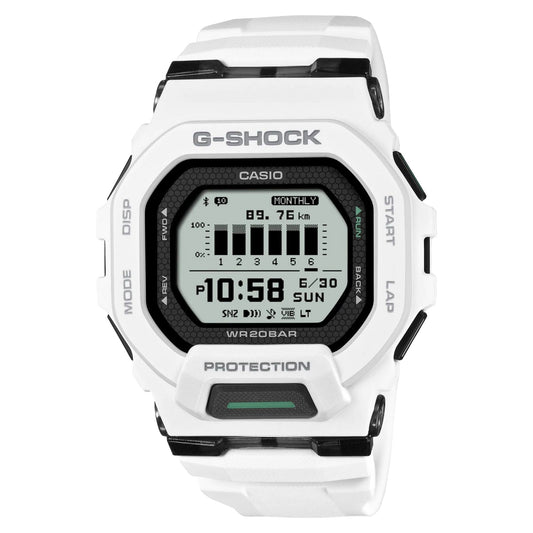 Casio G-Shock GBD-200-7JF white sport watch with resin band and Bluetooth connectivity