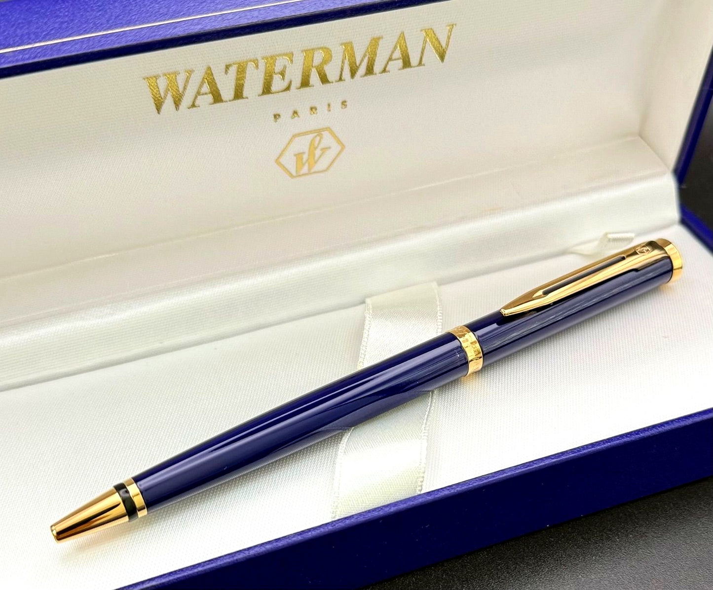 Waterman Preface ballpoint pen with blue romance design and hexagonal motif on cap, shown with case