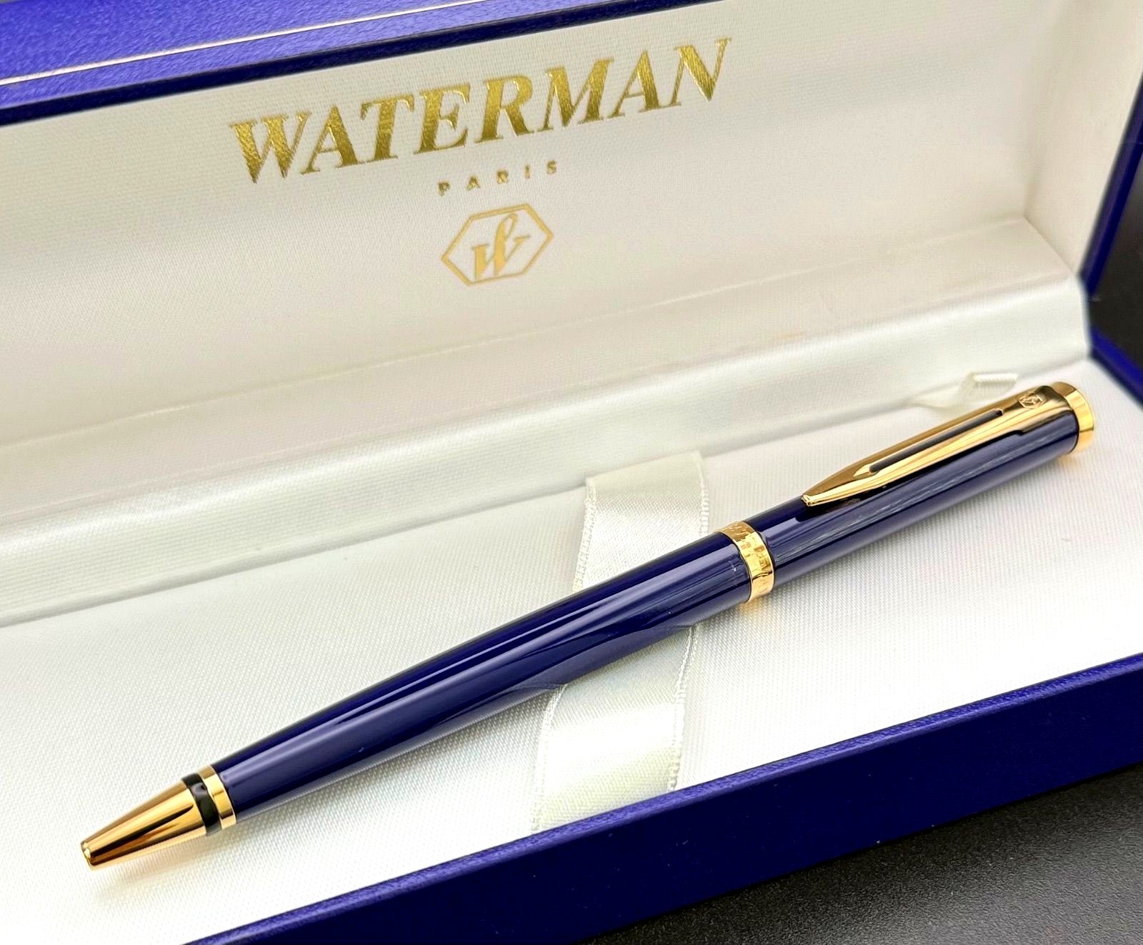 Waterman Preface ballpoint pen with blue romance design and hexagonal motif on cap, shown with case