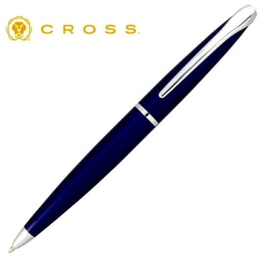 CROSS ATX 882-37 ballpoint pen with translucent blue lacquer and chrome accents, 139 mm length