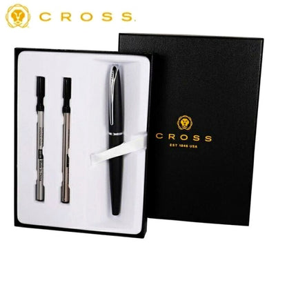 Cross ATX885-3 black ballpoint pen with select tip roller ball, gift box, and two refills displayed