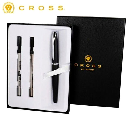 Cross ATX885-3 black ballpoint pen with select tip roller ball, gift box, and two refills displayed