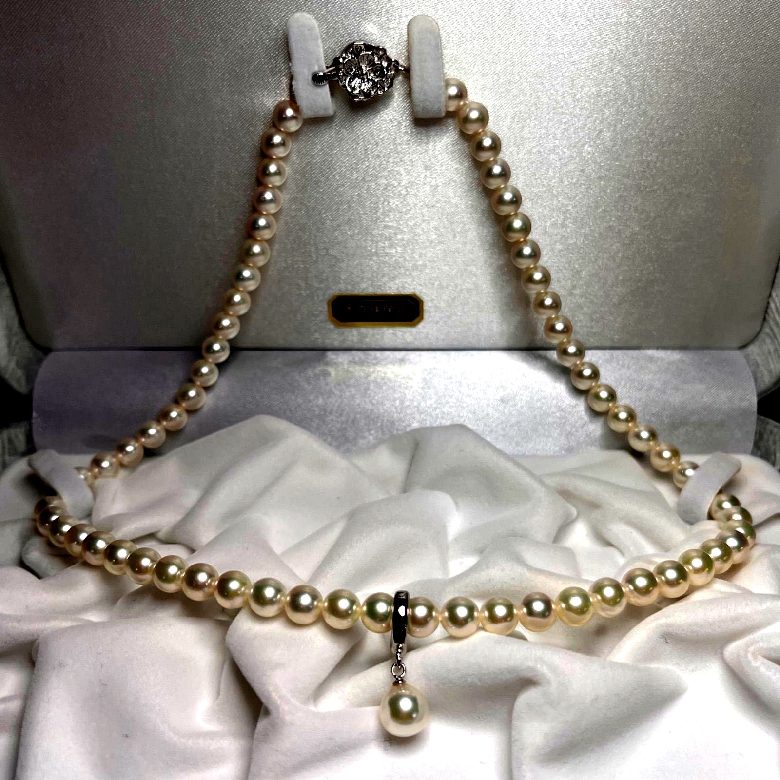 Akoya genuine blue pearl necklace featuring 6.0-6.5mm pearls with silver drop-shaped clasp at 42cm length