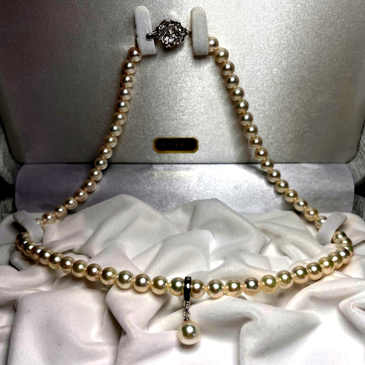 Akoya genuine blue pearl necklace featuring 6.0-6.5mm pearls with silver drop-shaped clasp at 42cm length