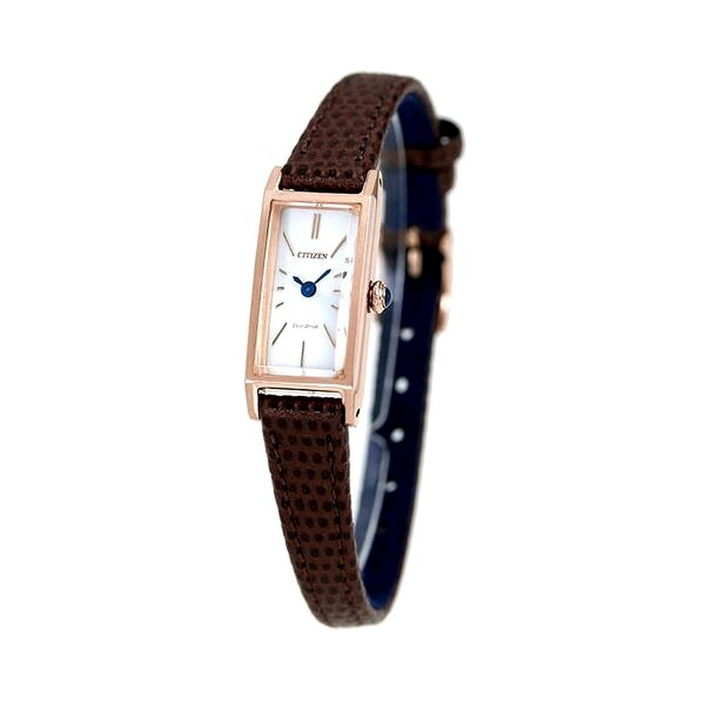 Citizen Ladies Kii Eco-Drive watch EG7044-06A with silver dial, pink gold stainless steel case, and brown calf leather band