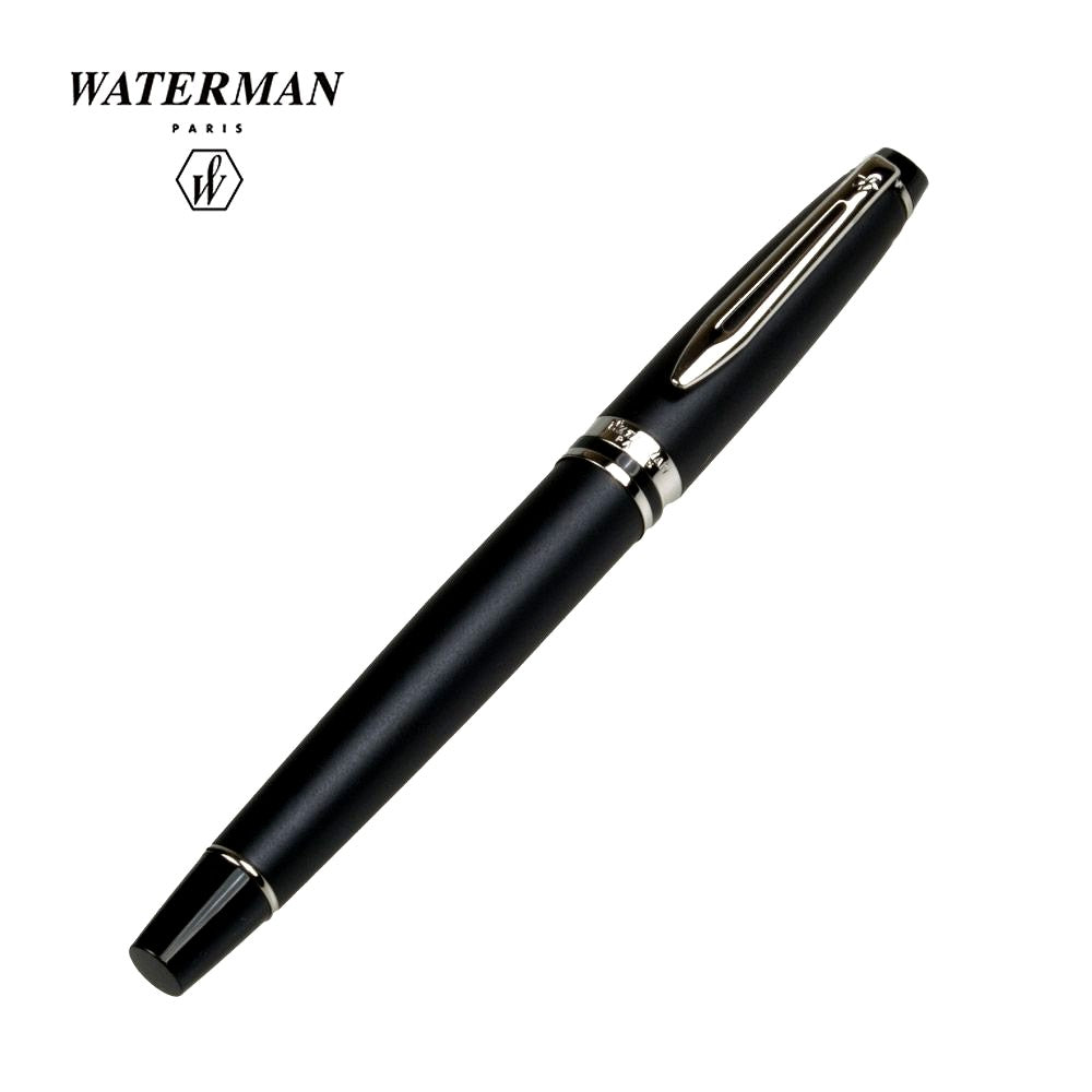 Waterman Expert cap-type fountain pen in matte black CT color with black ink shown uncapped