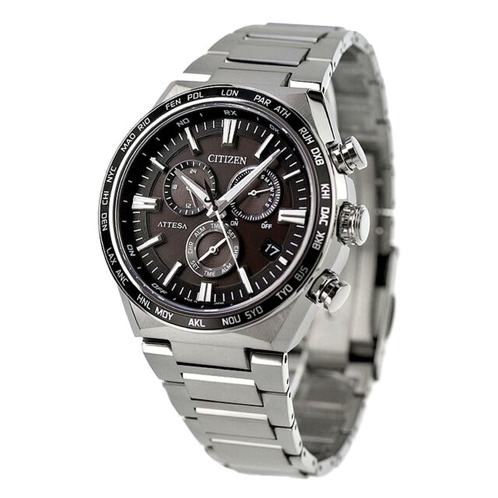 Citizen Attesa Eco-Drive radio-controlled watch with black dial and silver super titanium band