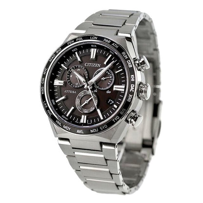 Citizen Attesa Eco-Drive radio-controlled watch with black dial and silver super titanium band